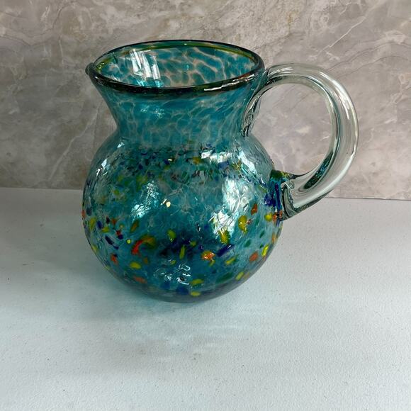 Mexican Hand Blown Glass Art Pitcher Turquoise Multi-Color Confetti 8.5" - Picture 1 of 16